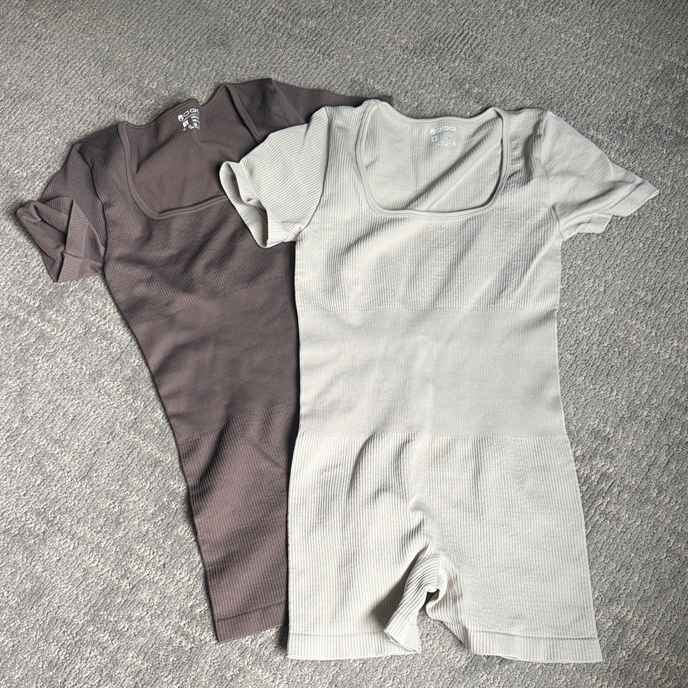 Seamless Ribbed Short Jumpsuit - Taupe & Light Gray